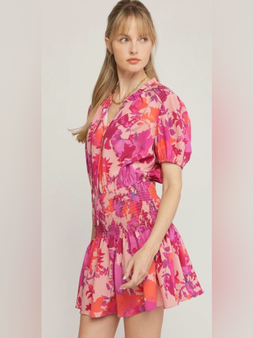 Boutique Vibrant Pink & Coral Floral Smocked Waist Dress by FIRST❤️ LOVE BRB SL4 - Picture 5 of 11